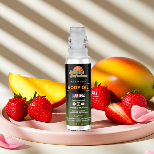 Ed Hardy Women (Inspired) Body oil bottle with mangoes, strawberries, and a pink plate on a sunlit background