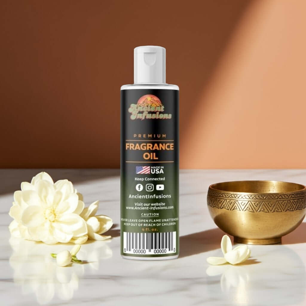 Egyptian Jasmine Fragrance Oil bottle with flowers and a decorative bowl