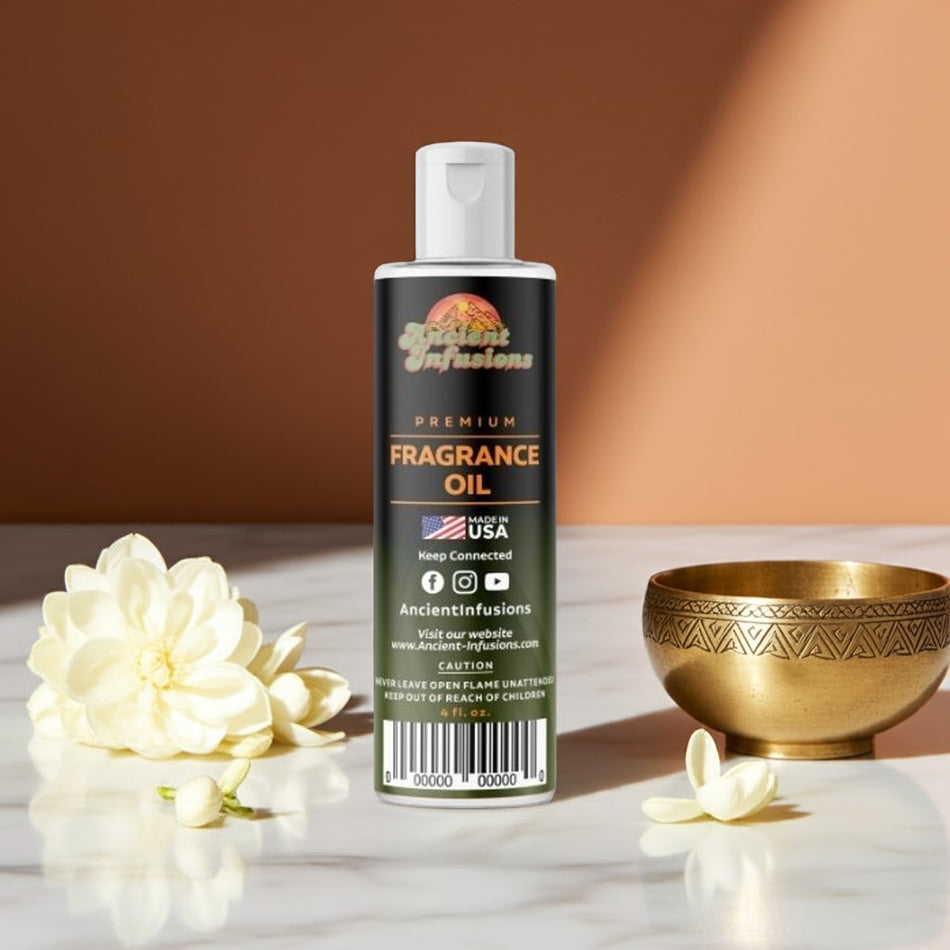 Fragrance oil bottle with decorative elements on a reflective surface