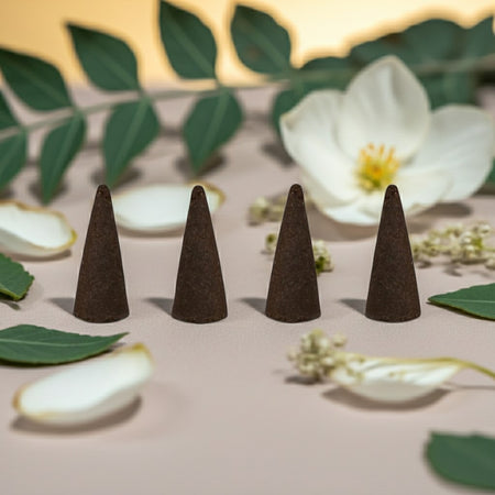 Egyptian Jasmine Incense Cones on a surface with green leaves and white flowers in the background.