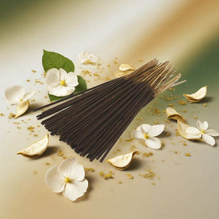 Egyptian Jasmine Incense Sticks with white flowers and green leaves on a beige background