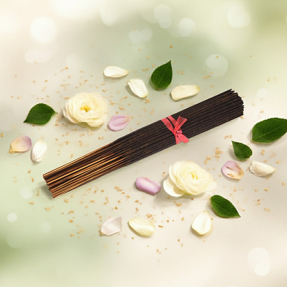 Egyptian Jasmine Incense Sticks with a pink ribbon on a light green background with flowers and leaves.