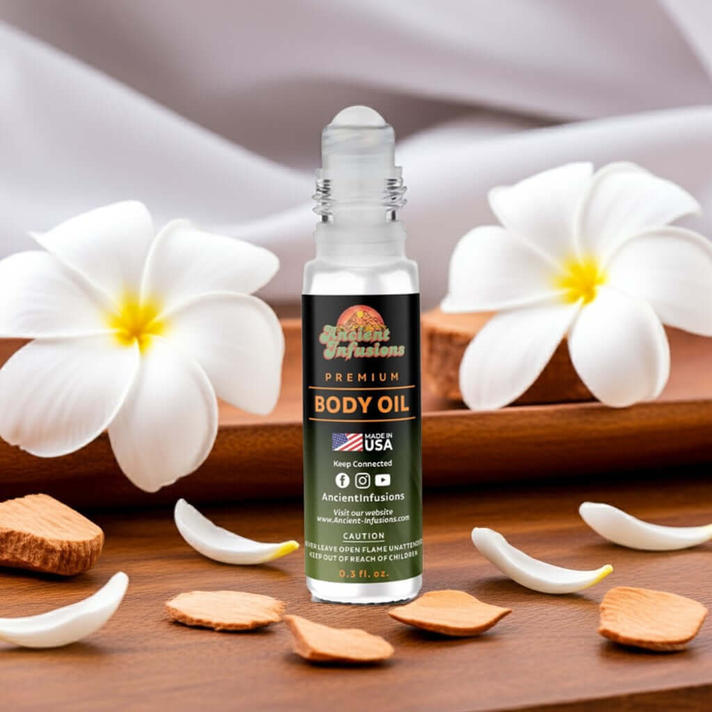 Bottle of Egyptian Musk Body Oil surrounded by white flowers and wooden petals, highlighting its pure, uncut, and alcohol-free formula.