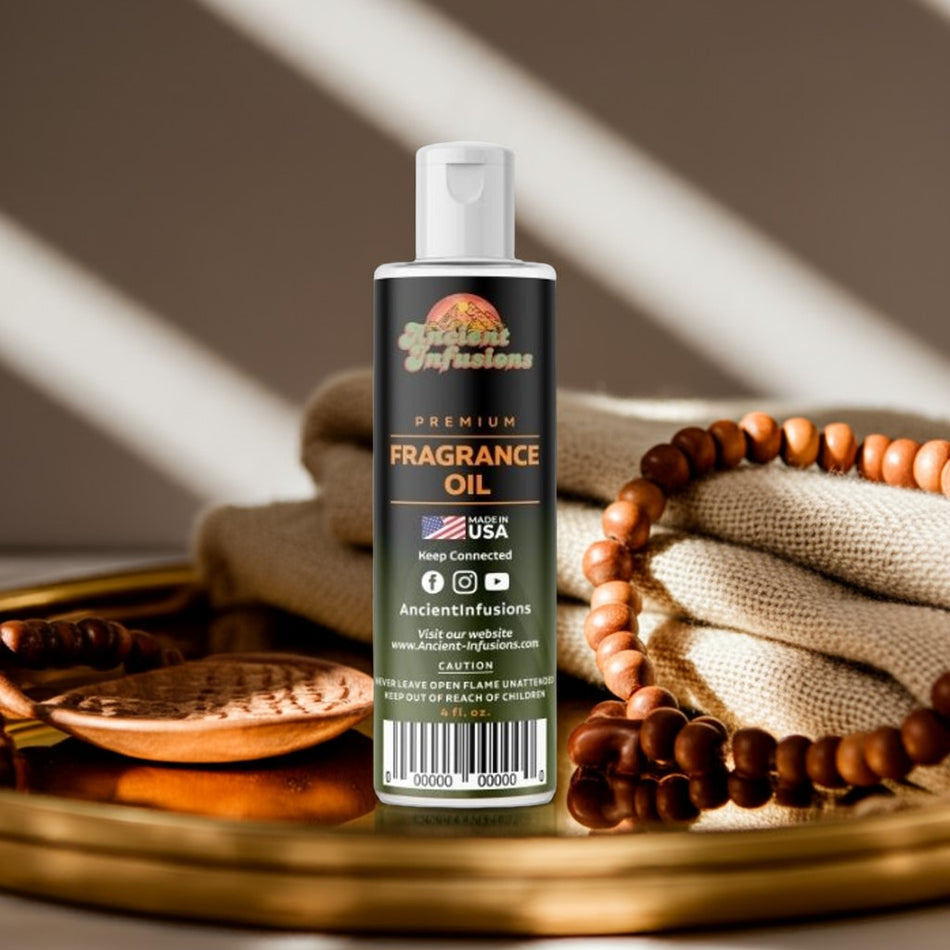 Bottle of Ancient Infusions fragrance oil on a wooden surface with decorative items.