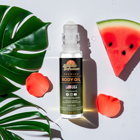 Escada Sorbetto Rosso Inspired Body Oil with notes of watermelon and tropical florals, evocative of a summer day on the Amalfi Coast.