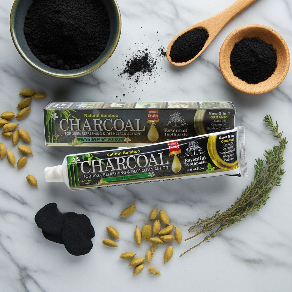 Essential Palace Bamboo Charcoal 5-in-1 Fluoride-Free Toothpaste with activated charcoal, cardamom, thyme, and coconut on marble counter
