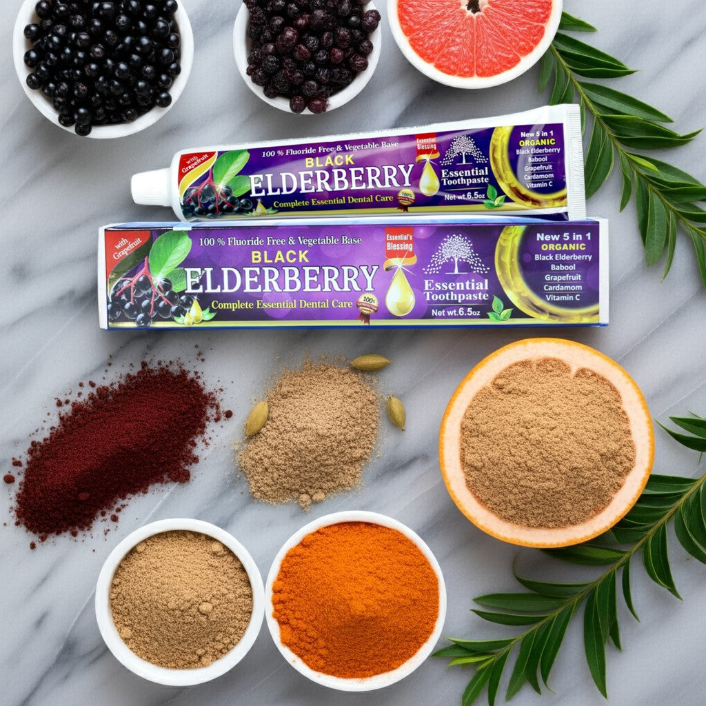 Essential Palace Black Elderberry 5-in-1 Fluoride-Free Toothpaste with elderberries, babool, grapefruit, and cardamom on marble counter