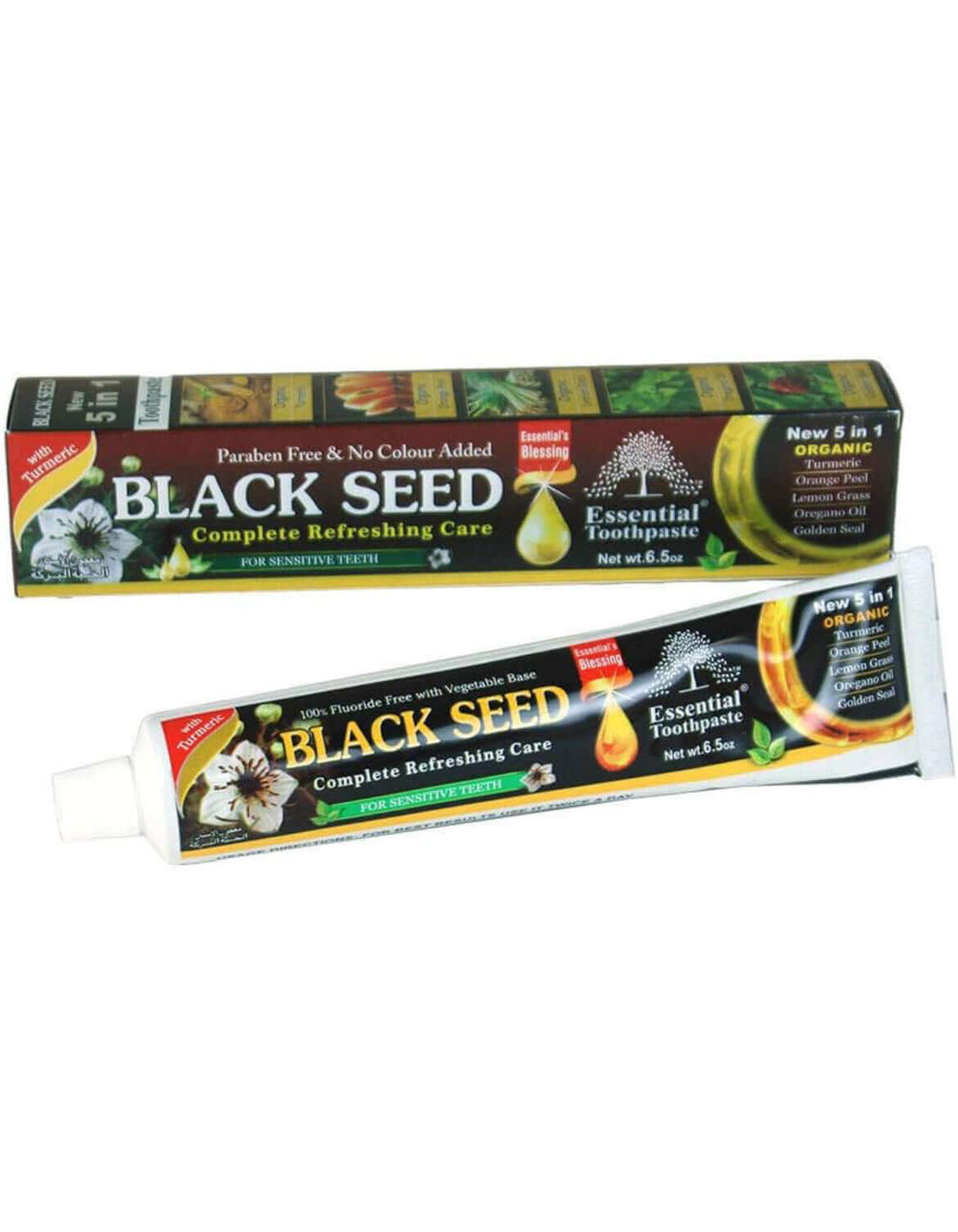 Essential Palace Black Seed 5-in-1 Fluoride-Free Toothpaste with black seeds, moringa, and herbs on marble counter