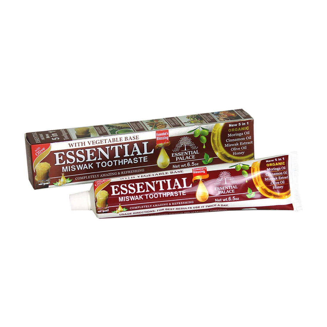 Essential Palace Miswak 5-in-1 Fluoride-Free Toothpaste with natural ingredients on marble counter with honey and cinnamon display