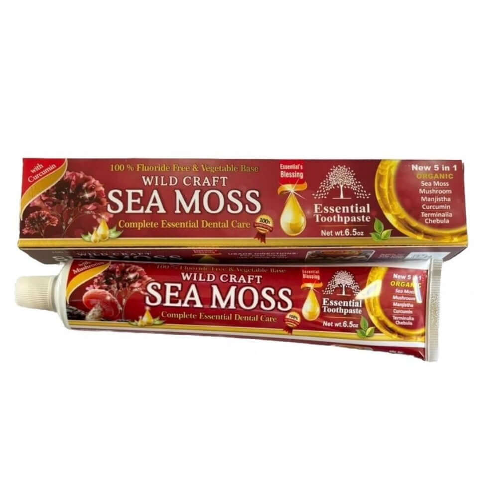 Essential Palace Sea Moss 5-in-1 Fluoride-Free Toothpaste with sea moss, mushroom, manjistha, curcumin, terminalia, and chebula on marble counter