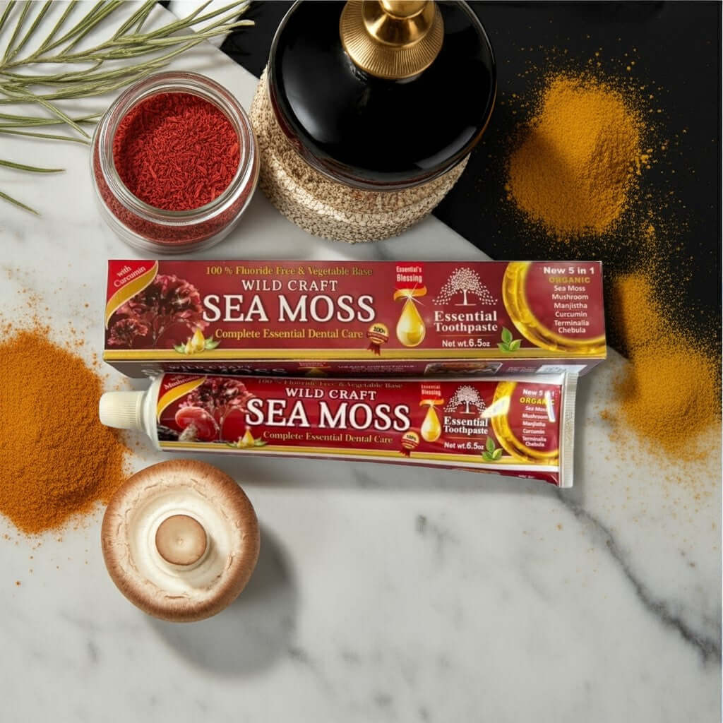 Essential Palace Sea Moss 5-in-1 Fluoride-Free Toothpaste with sea moss, mushroom, manjistha, curcumin, terminalia, and chebula on marble counter