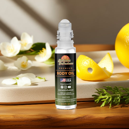 Calvin Klein Eternity (Inspired) Bottle of body oil with lemons and flowers on a wooden surface
