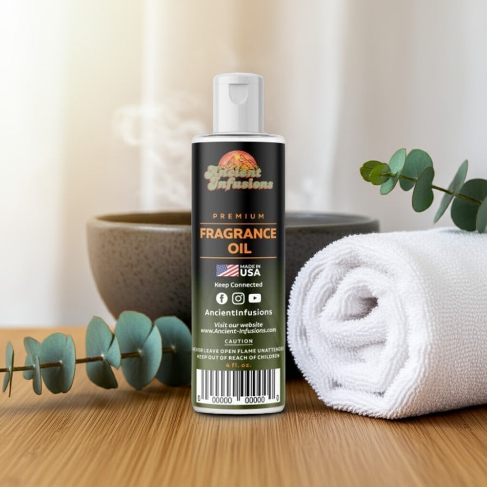 Bottle of fragrance oil with a towel and plant on a wooden surface