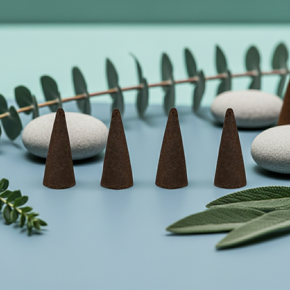 Eucalyptus Incense Cones on a light blue surface with green leaves and stones