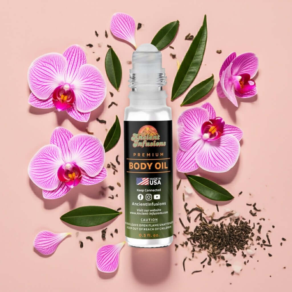 Viktor&Rolf Flowerbomb Inspired Body Oil with floral and tea accords surrounded by jasmine and orchid petals on a soft background.