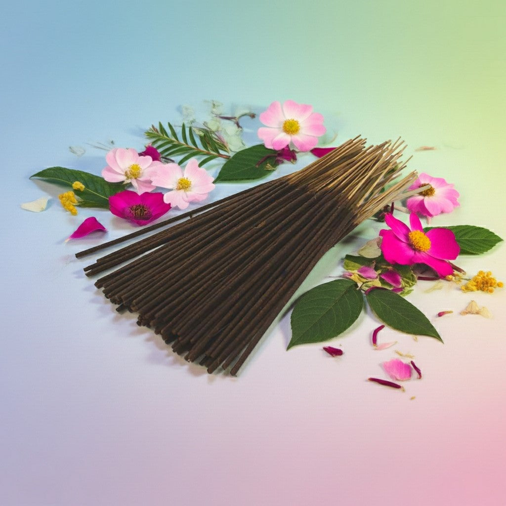 Flower Shop Incense Sticks with a decorative ribbon on a colorful floral background