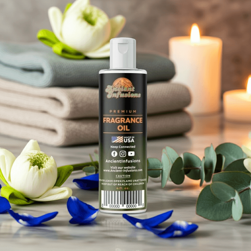 Blue Nile Fragrance Oil with cinnamon apple aroma and uncut, pure oil next to spa towels and candles for a cozy ambiance