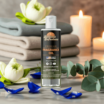 Blue Nile Fragrance Oil with cinnamon apple aroma and uncut, pure oil next to spa towels and candles for a cozy ambiance