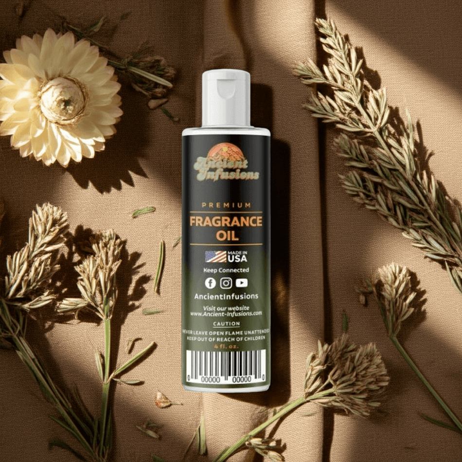 Desert Sage Fragrance Oil bottle surrounded by dried sage and flowers, representing purity and tranquility for crafting uses.