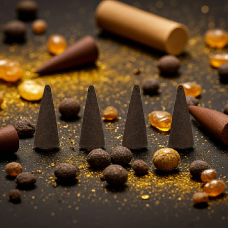Frankincense and Myrrh Incense Cones and cones on a dark surface with small round objects.