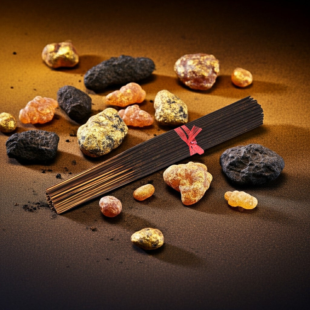 Frankincense & Myrrh Incense Sticks with a red label surrounded by various colored stones on a brown background