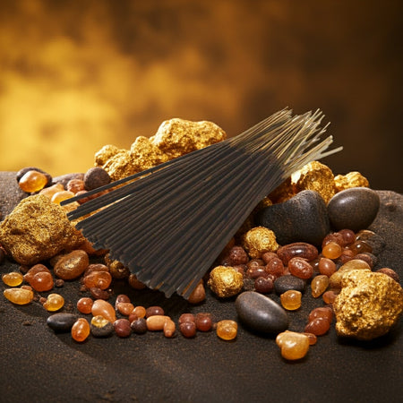Frankincense & Myrrh Incense Sticks Gold nuggets and stones with a small broom on a dark background