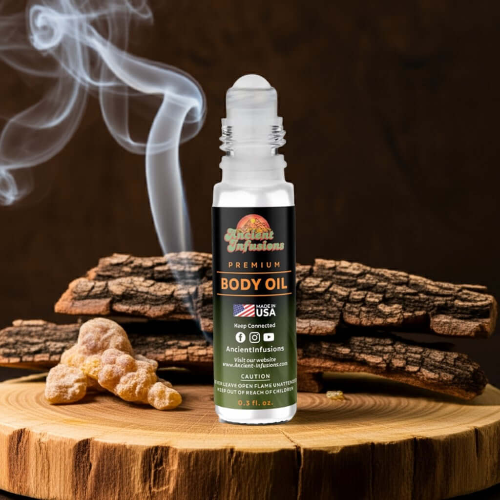 Frankincense Body Oil bottle with aromatic incense and wood background