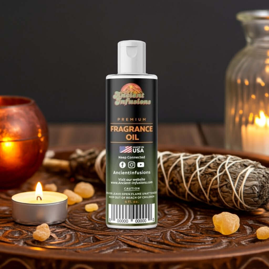 Bottle of Frankincense Fragrance Oil amidst candles and resin, emphasizing sacred and grounding aroma, perfect for spiritual practices.