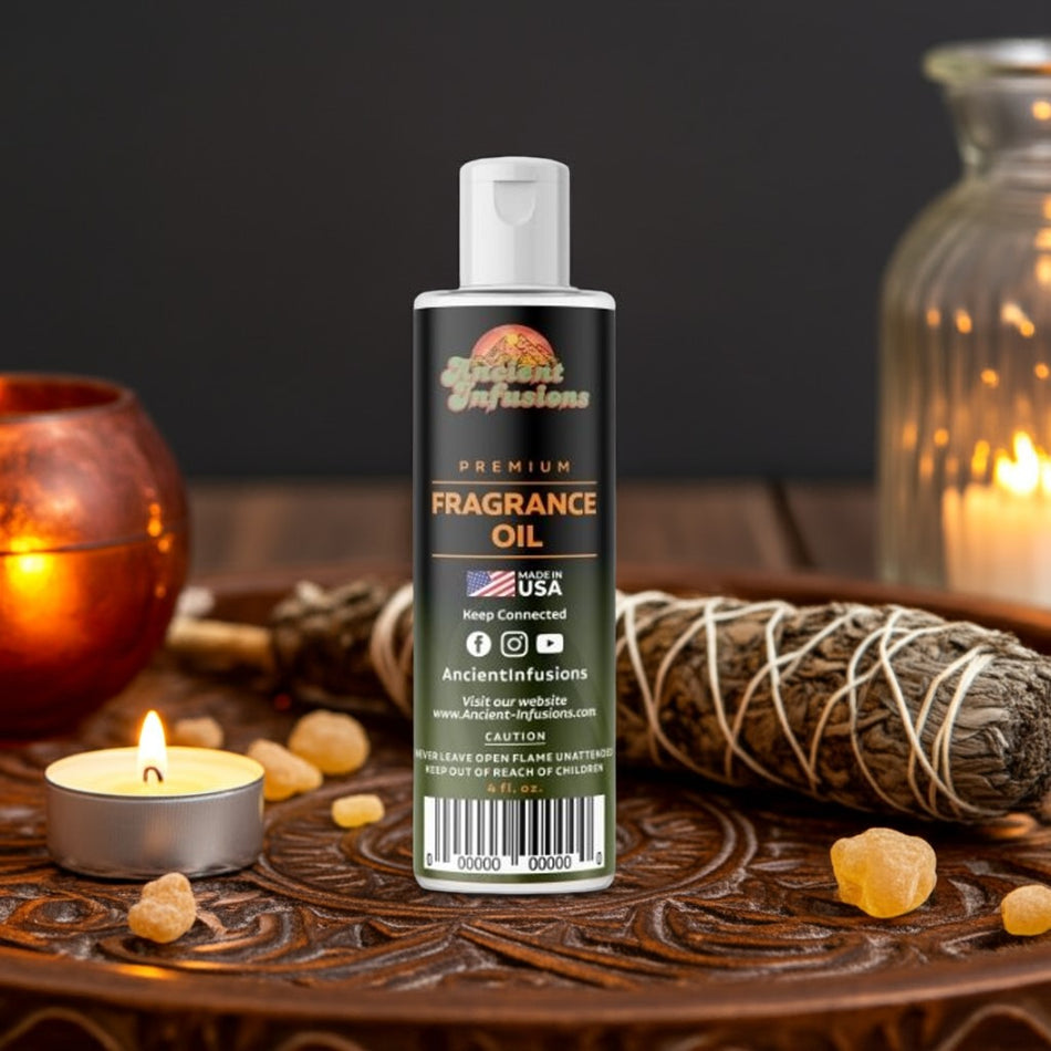 Bottle of fragrance oil with candles and sage on a wooden surface