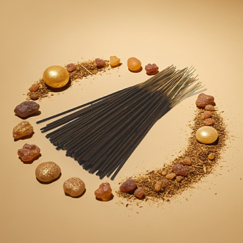 Frankincense Incense Sticks with a pink ribbon surrounded by various resins on a beige background