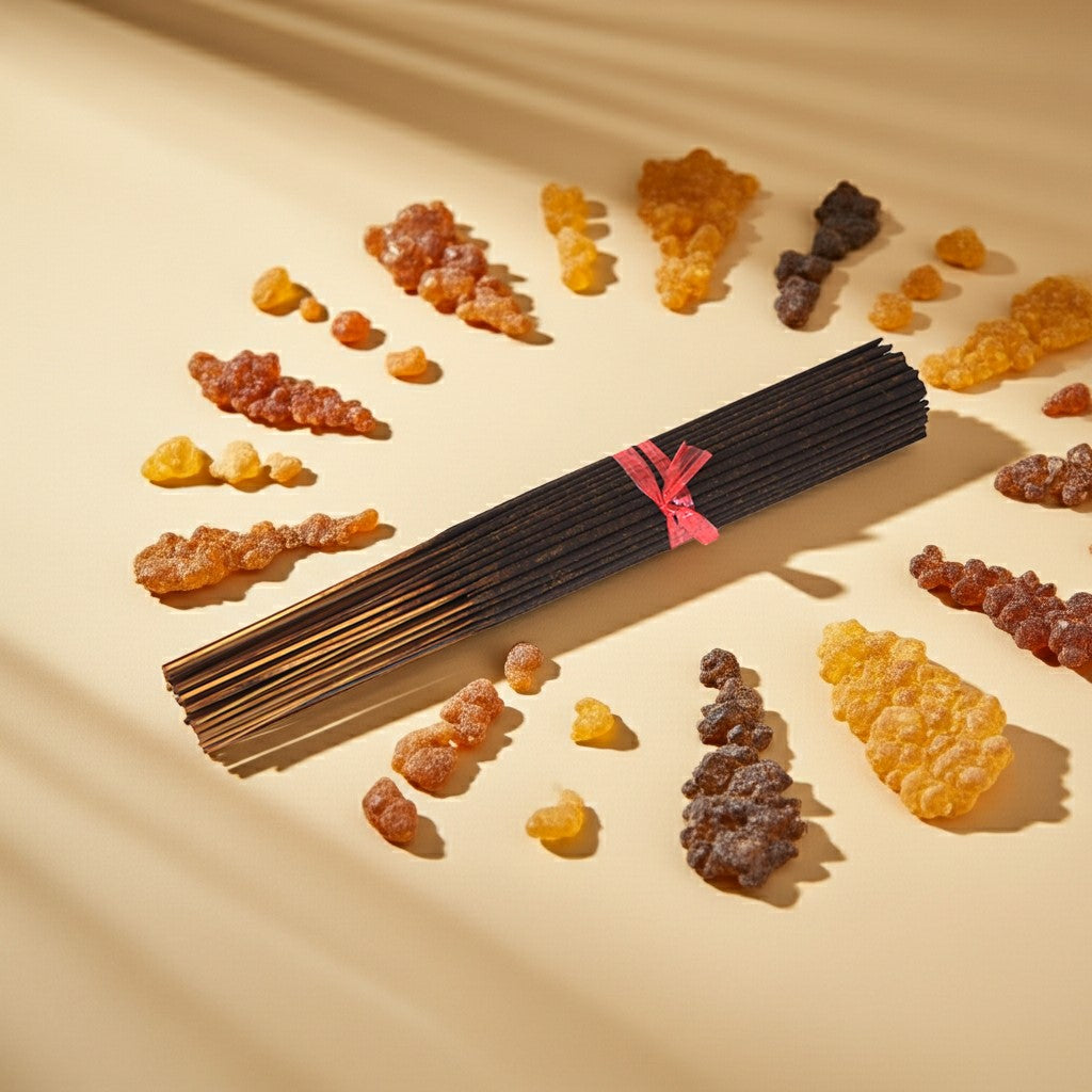 Frankincense Incense Sticks with a pink ribbon surrounded by various resins on a beige background