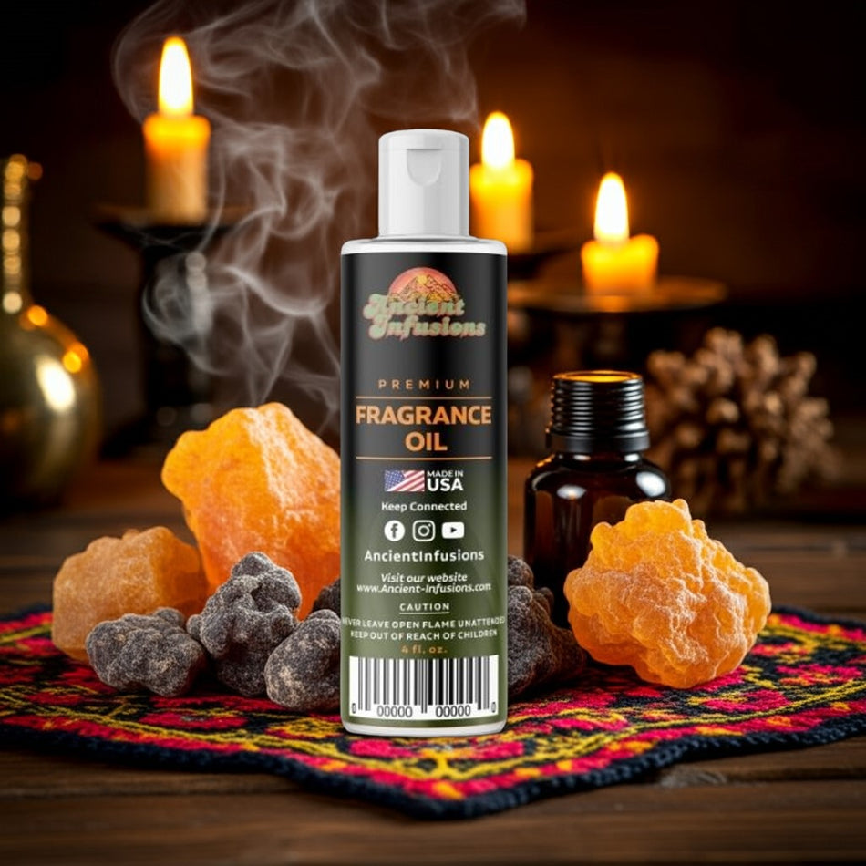 Fragrance oil bottle with dried fruits and candles in the background