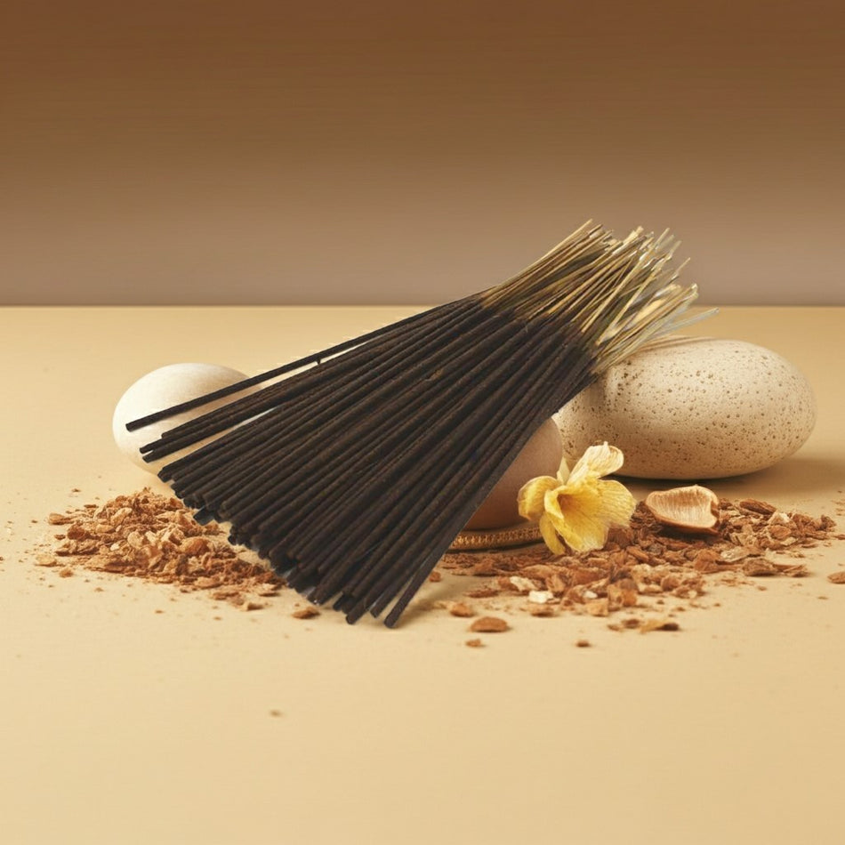 French Vanilla Incense Sticks with stones, sand, and a flower on a beige background