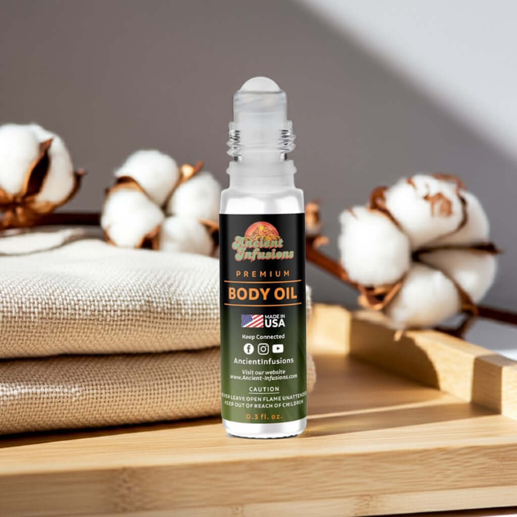 Bottle of Fresh Linen Body Oil with cotton in the background, highlighting its clean and breezy scent.