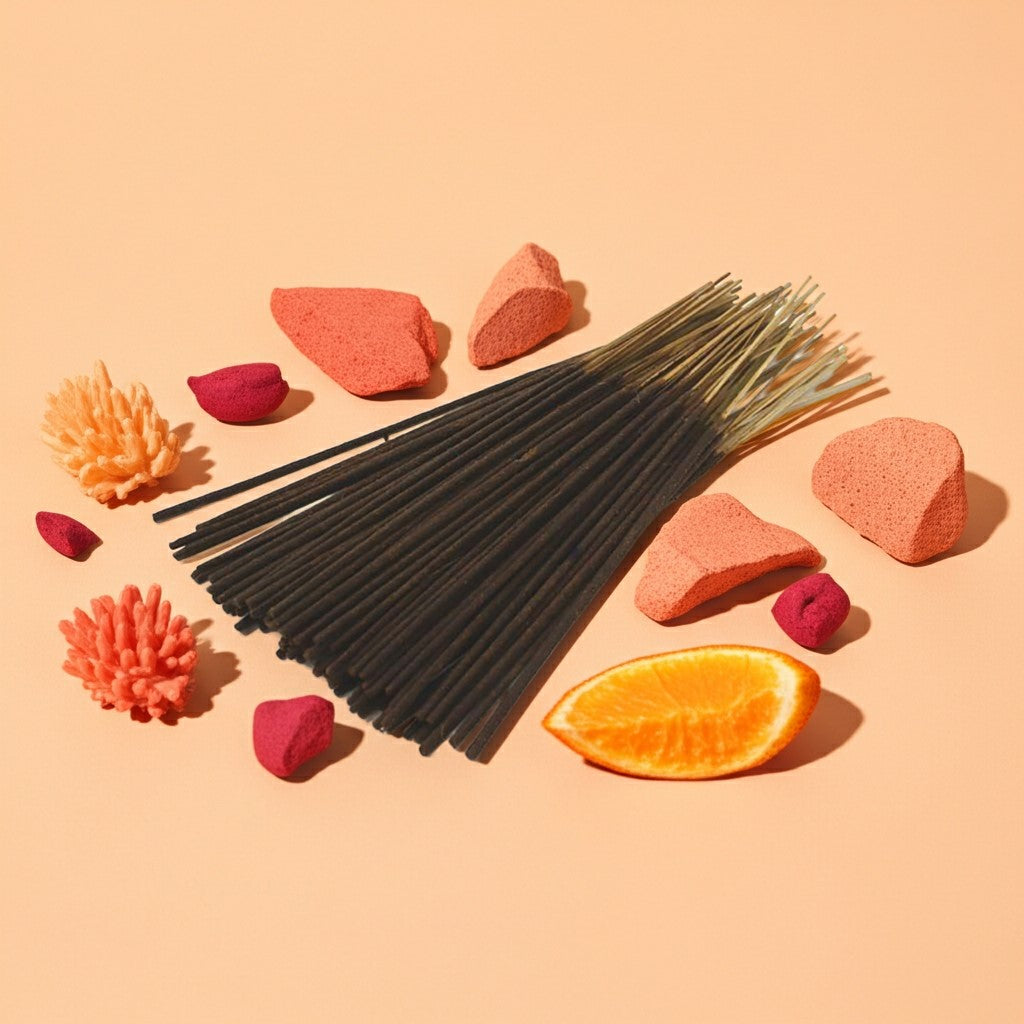 Fresh Peach Incense Sticks with decorative elements on a beige background