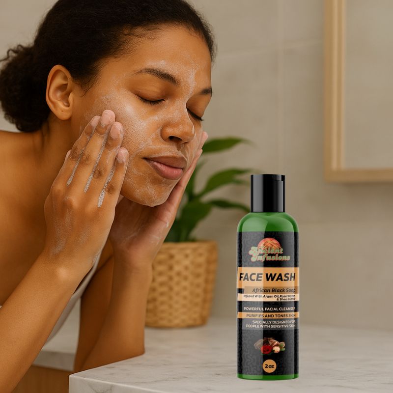 Woman applying face wash to her face with a bottle of Face Wash in the foreground.