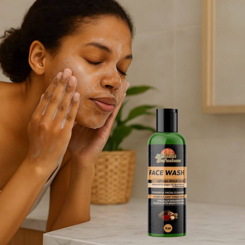 Woman using Raw African Black Soap Liquid Face Wash, showcasing the natural skincare benefits.