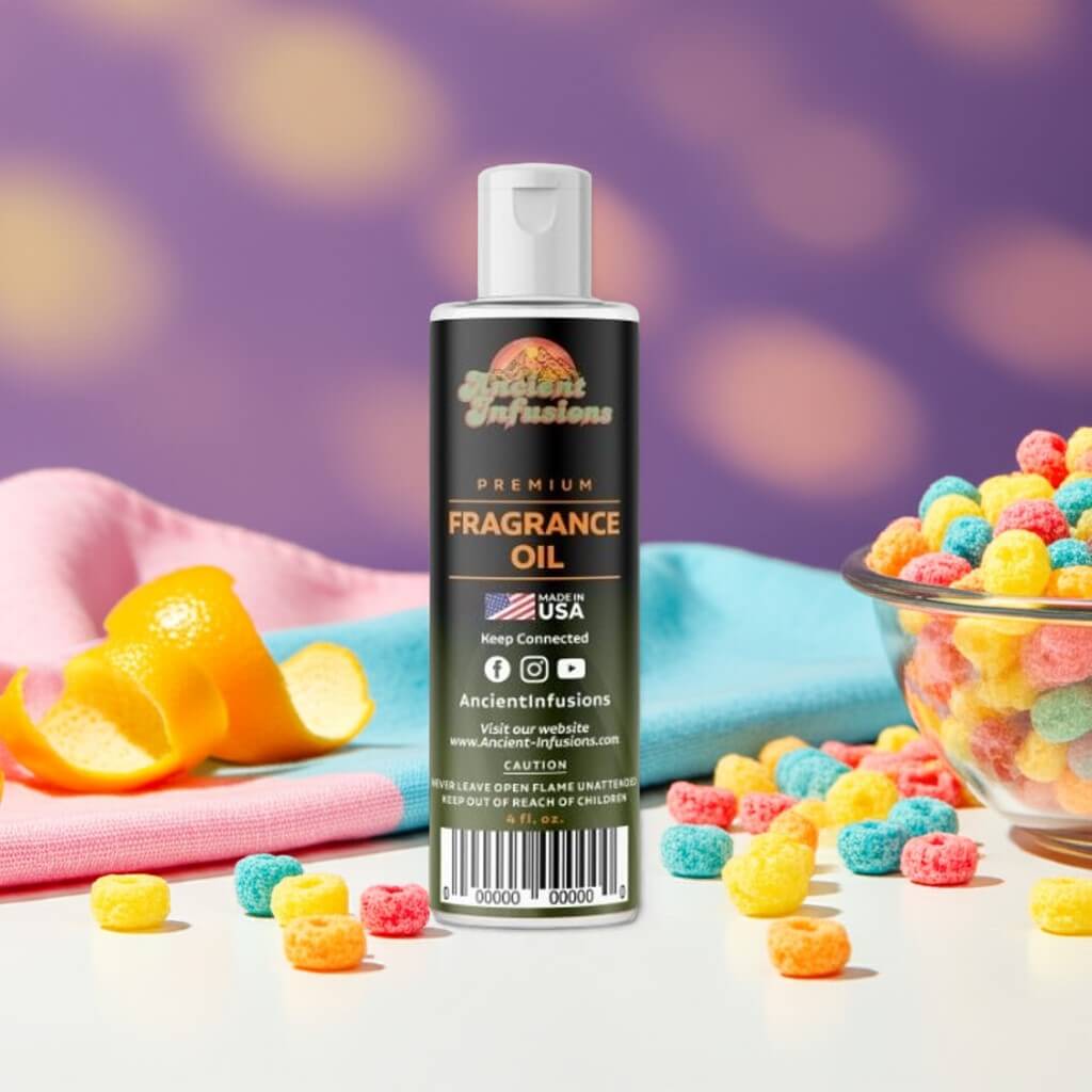 Bottle of Fruit Loops Fragrance Oil - Pure & Uncut surrounded by colorful cereal pieces and citrus peel.
