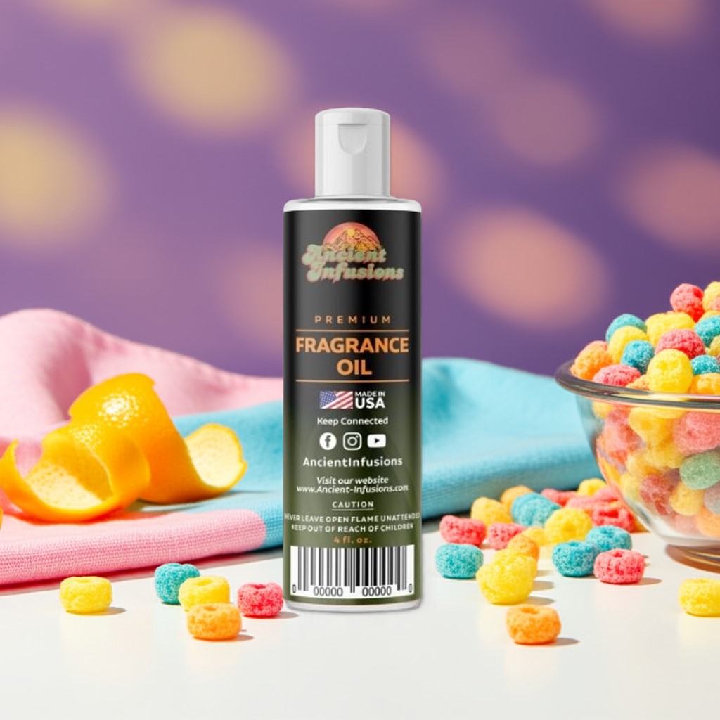 Fragrance oil bottle with colorful candies and oranges on a blurred background