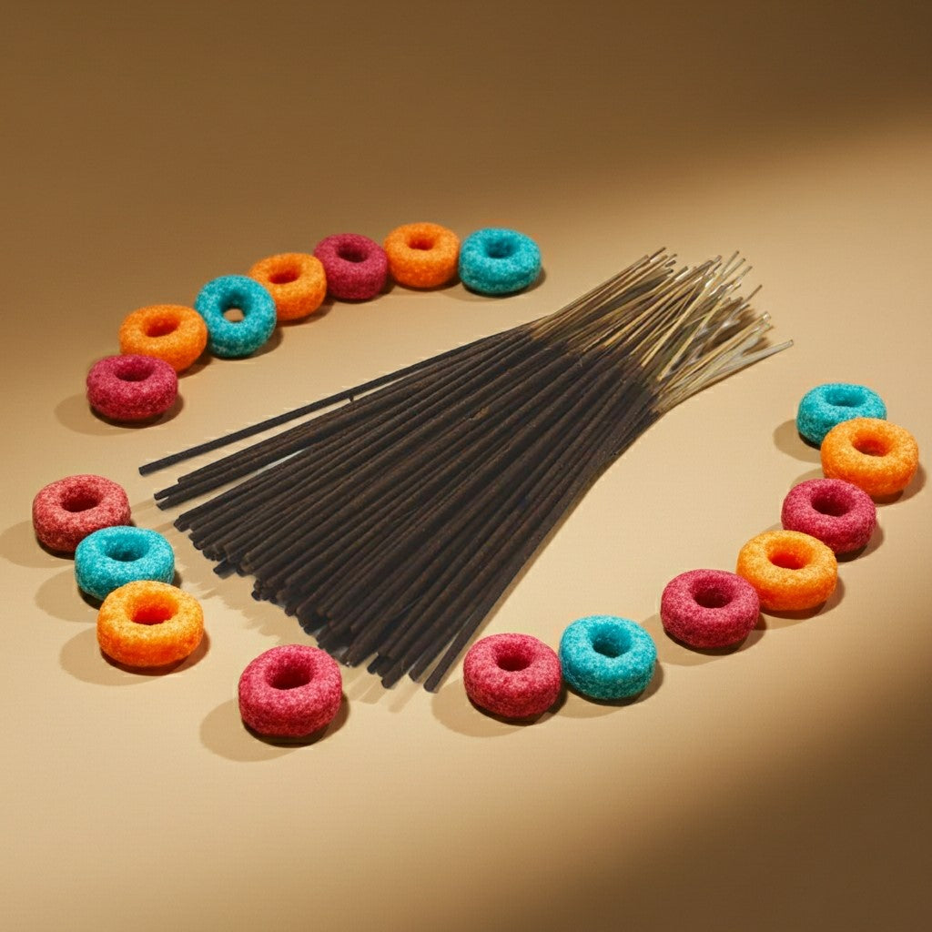 Fruit Loops Incense Sticks with colorful donut-shaped candies on a brown background