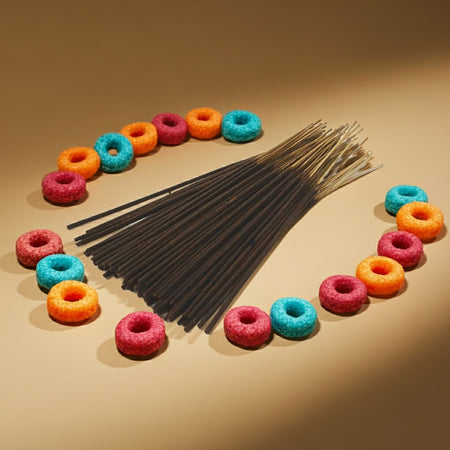 Colorful donut-shaped Fruit Loops Incense Sticks with black sticks on a beige background