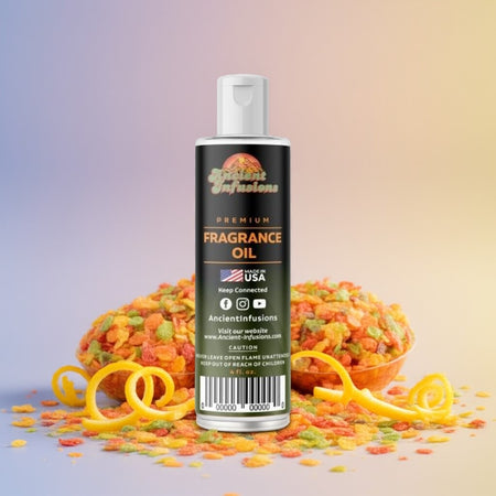 Bottle of fragrance oil with colorful candy in the background