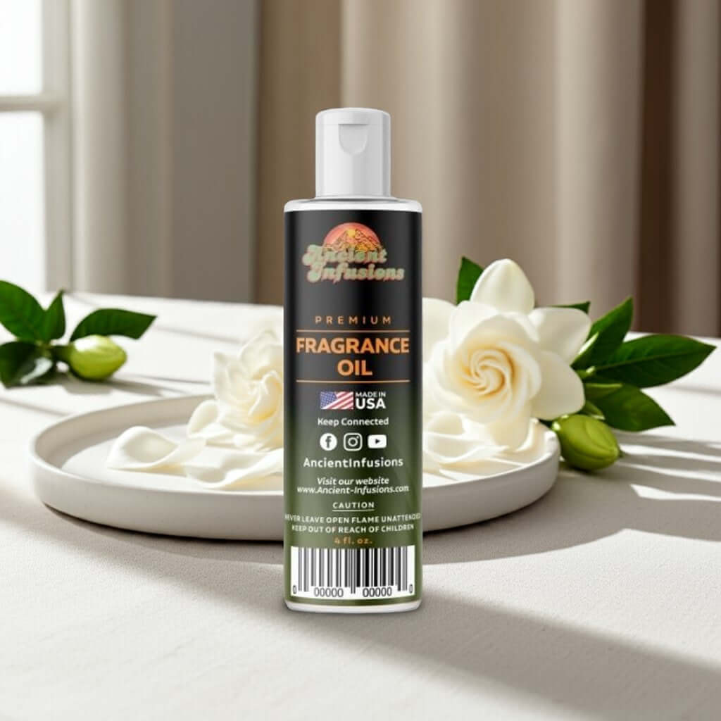 Bottle of Gardenia Fragrance Oil with white gardenias, capturing floral elegance and sensuality.