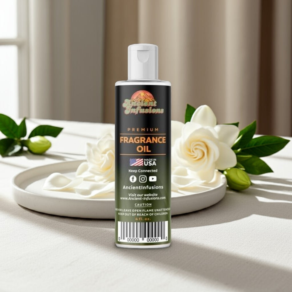 Bottle of Ancient Infusions fragrance oil with flowers and greenery on a neutral background