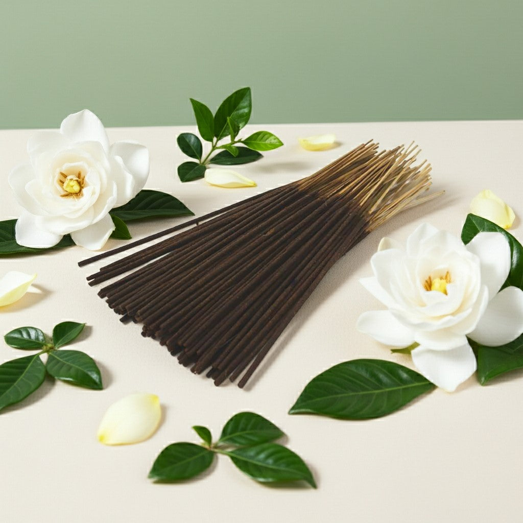 Gardenia Incense Sticks with white flowers and green leaves on a light surface