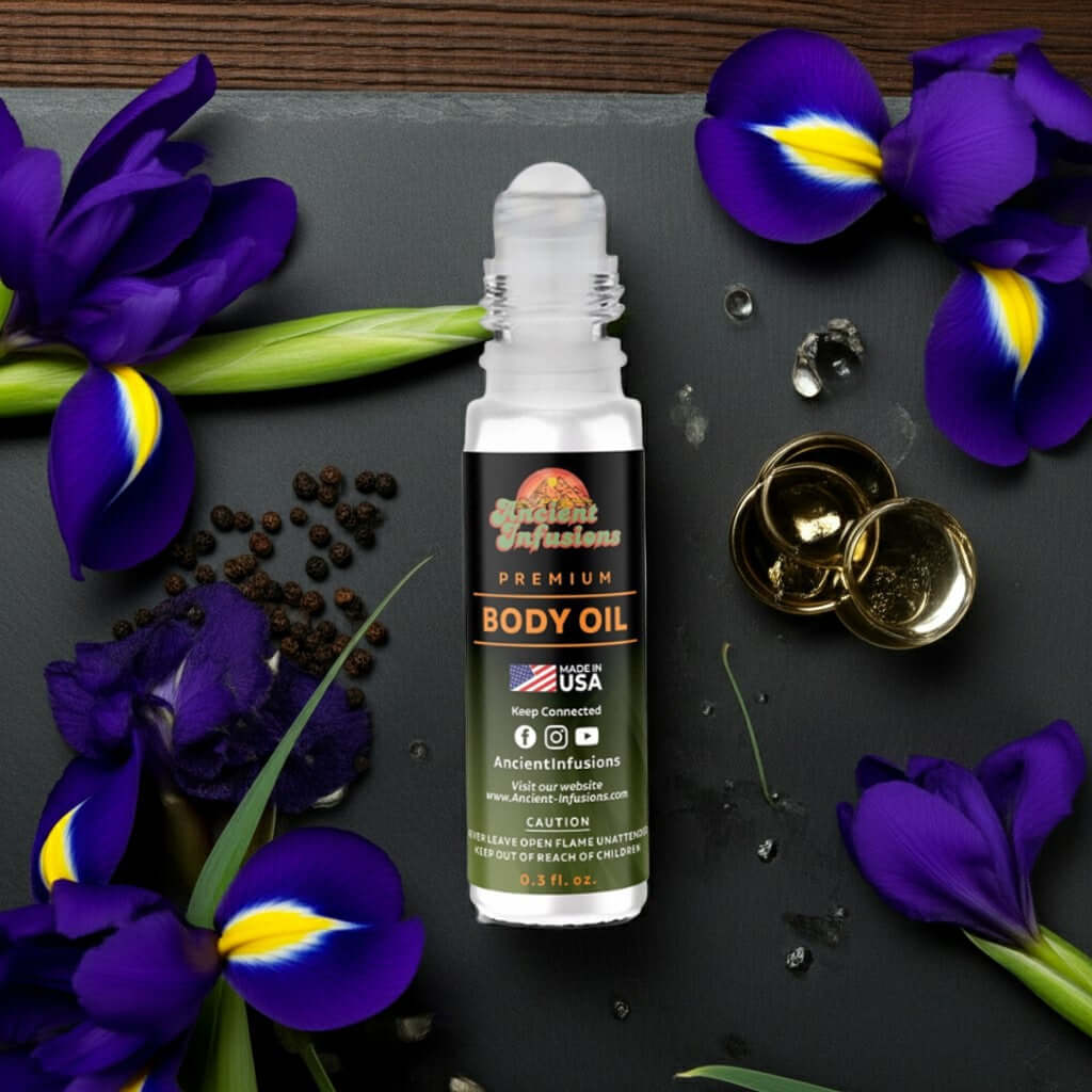 Givenchy Gentleman Intense Inspired Body Oil surrounded by blue iris and cardamom, showcasing luxury fragrance in a roll-on bottle.