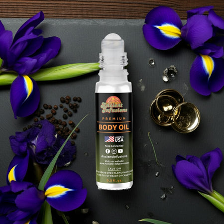 Givenchy Gentleman Intense Inspired Body Oil surrounded by blue iris and cardamom, showcasing luxury fragrance in a roll-on bottle.