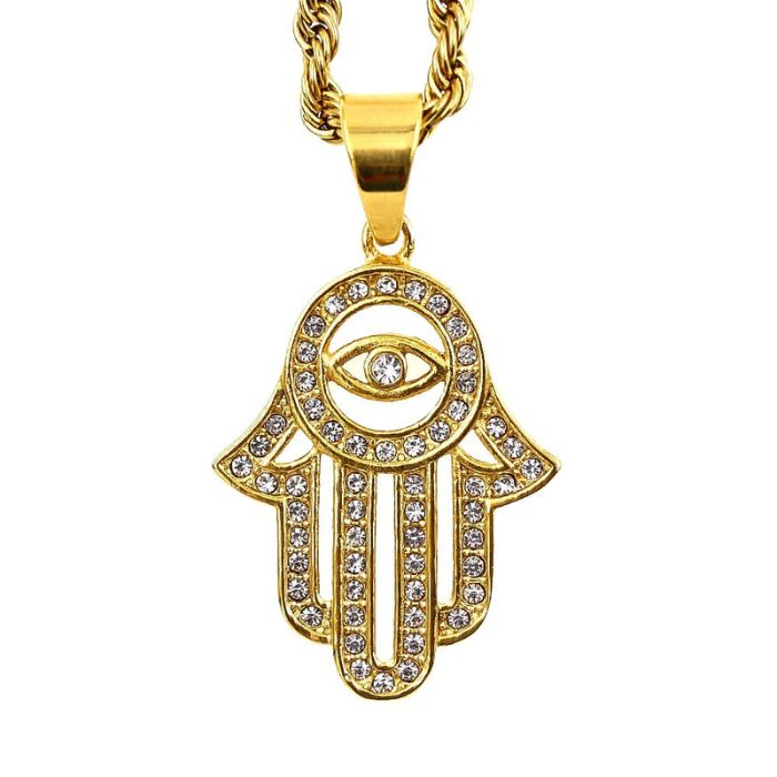 Gold Hamsa Hand of Fatima Necklace with Cuban Zircons on Adjustable Stainless Steel Chain.