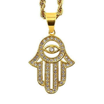 Gold Hamsa Hand of Fatima Necklace with Cuban Zircons on Adjustable Stainless Steel Chain.