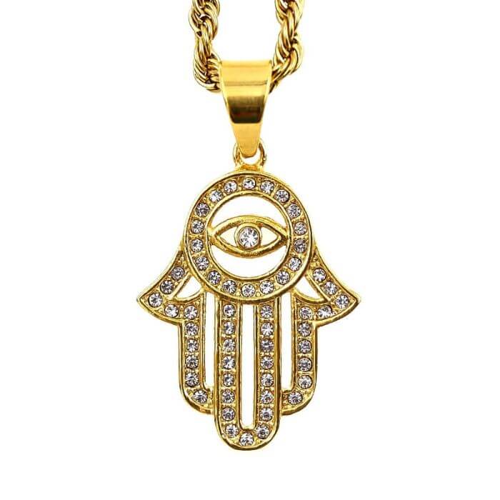 Gold Hamsa Hand of Fatima Necklace with Cuban Zircons on Adjustable Stainless Steel Chain.